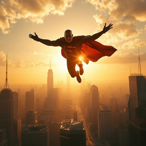 Superman Soars Above the City at Sunset