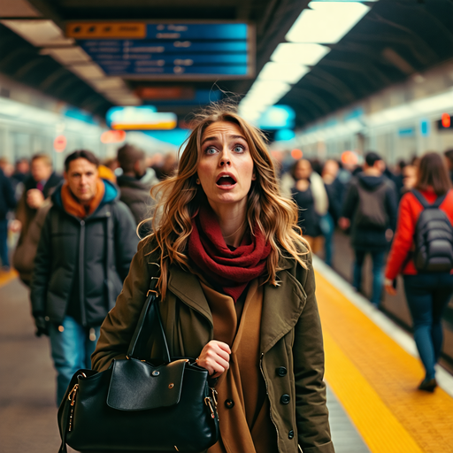 Caught in the Moment: A Woman’s Surprise in the Subway Rush